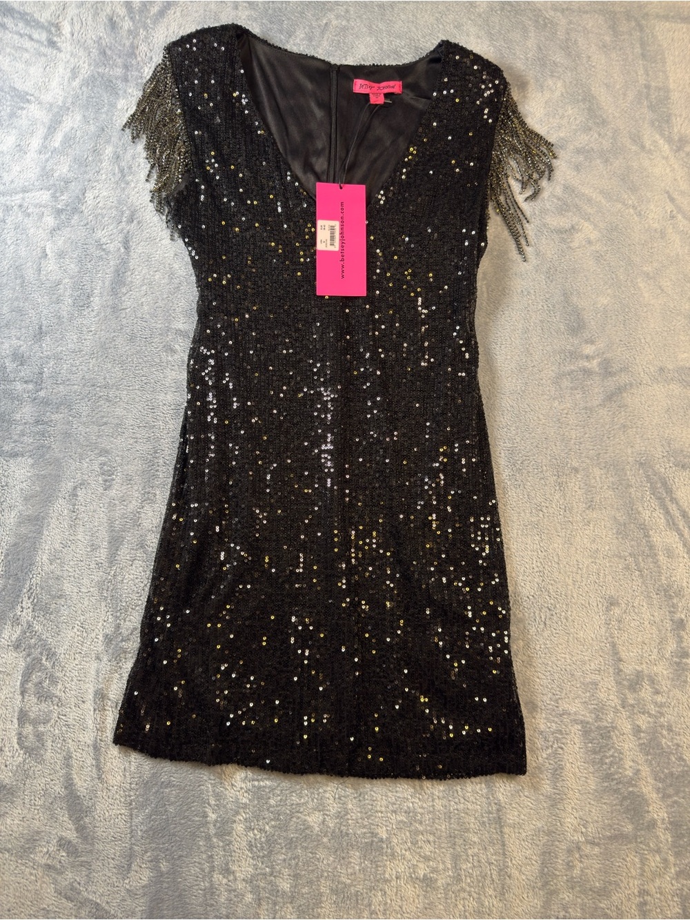 Betsey Johnson Black Sequin Fringe Sleeve Mini Dress #3094